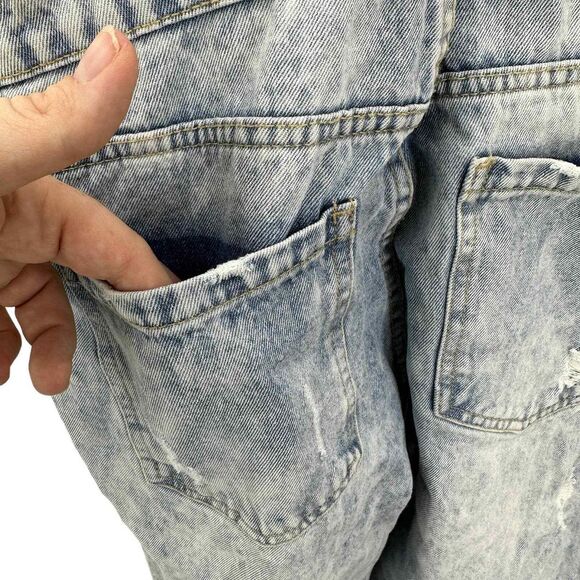 Forever 21 Distressed Acid Wash Denim Crop Overalls Y2K Look Women's Size SMALL - Picture 4 of 7